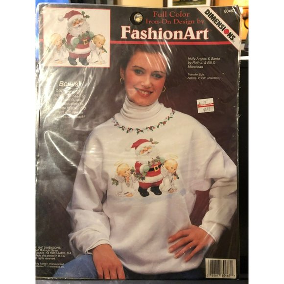 VTG Full Color Iron-On Design by Fashion Art, Holly Angels & Santa - Picture 1 of 4